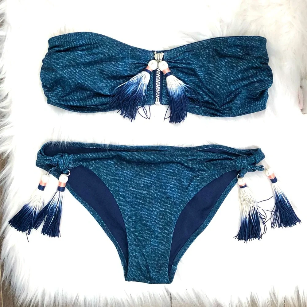 H&M Jean Print Bandeau Zip Bikini Top & Tassle Bikini Bottom - Picture 1 of 7